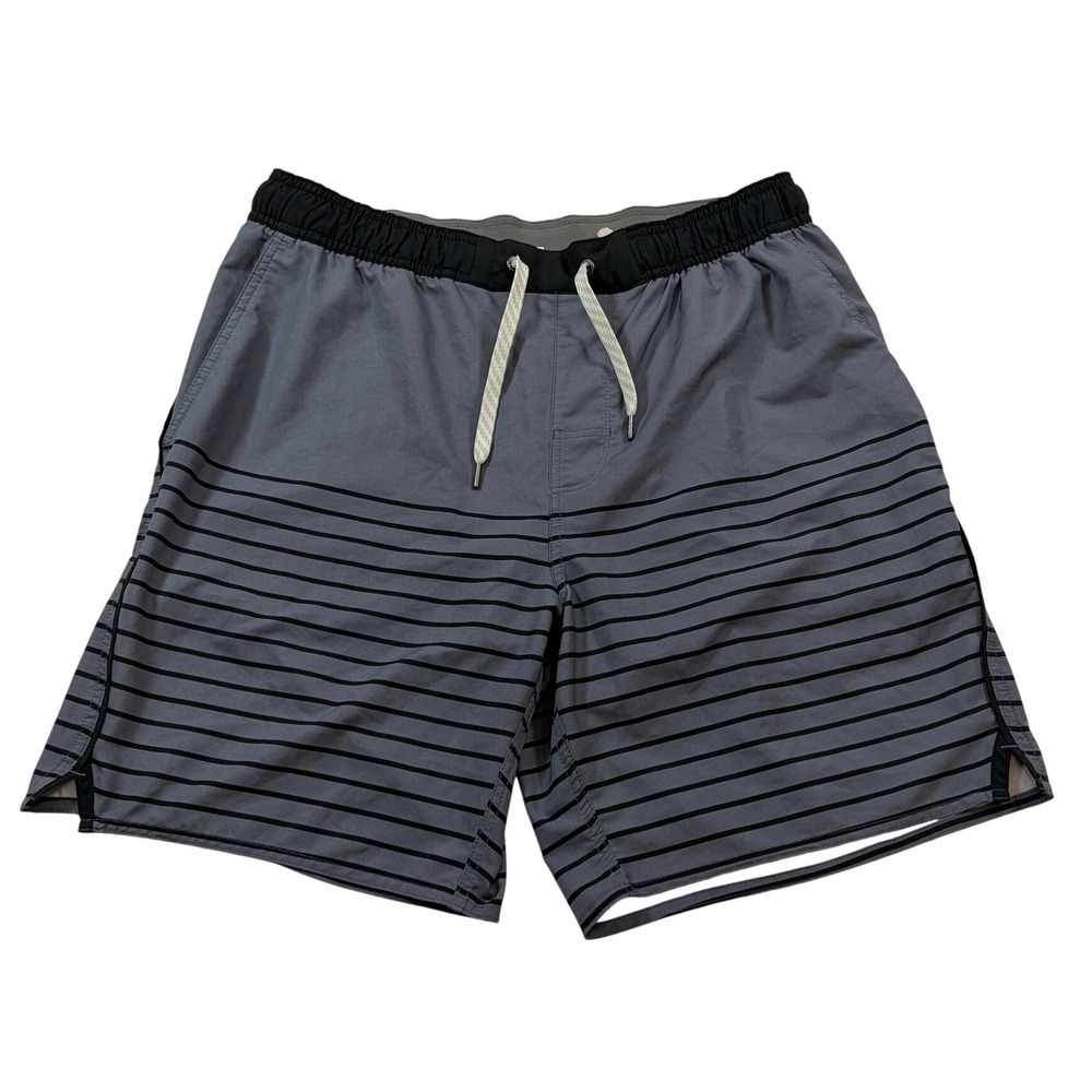 Vuori Mens Board Shorts Gray Black Striped Elastic Waist Swim Trunks Large